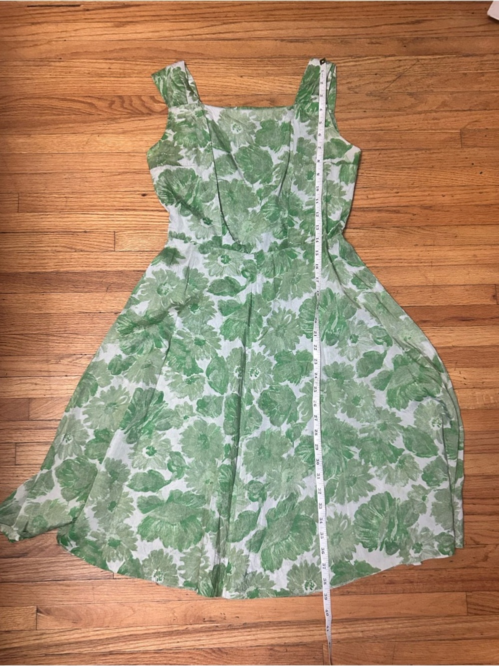 Raw Silk Vintage Green Floral Fit-and-Flare Dress - Picture 4 of 5
